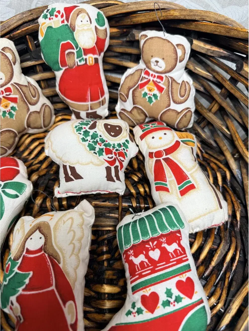1970s Handmade Cloth Christmas Ornament Set of 8